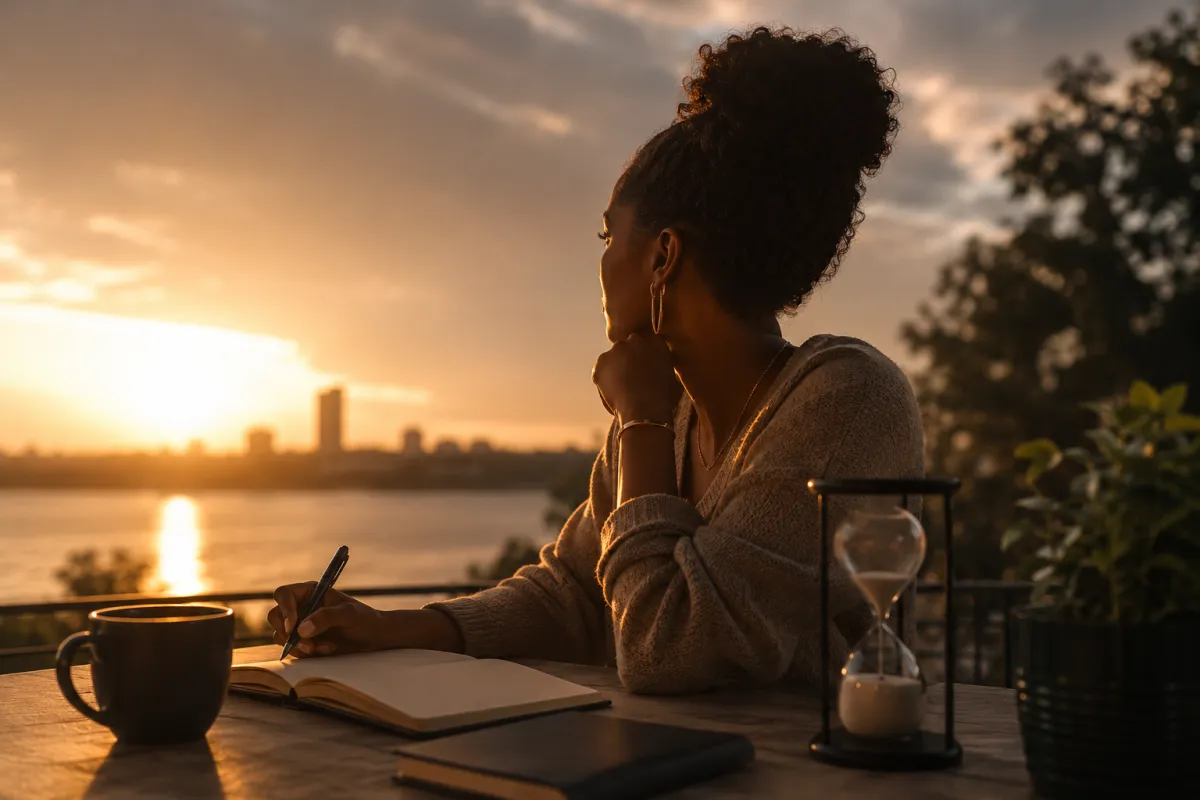 A woman sits at an outdoor table overlooking the water at sunset, writing in a notebook beside an hourglass and a coffee mug, reflecting quietly in a peaceful setting.