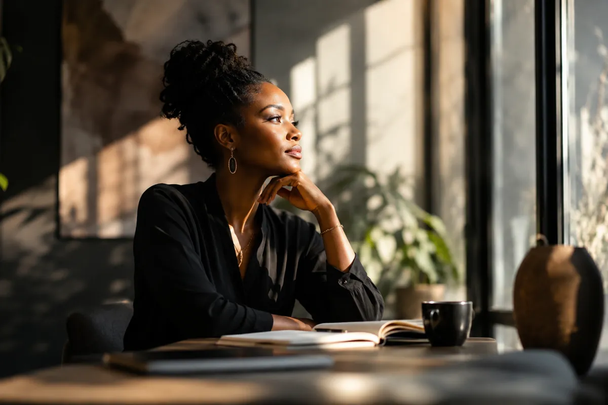 Black woman sitting thoughtfully beside a sunlit window with an open journal, reflecting quietly as warm natural light surrounds her.