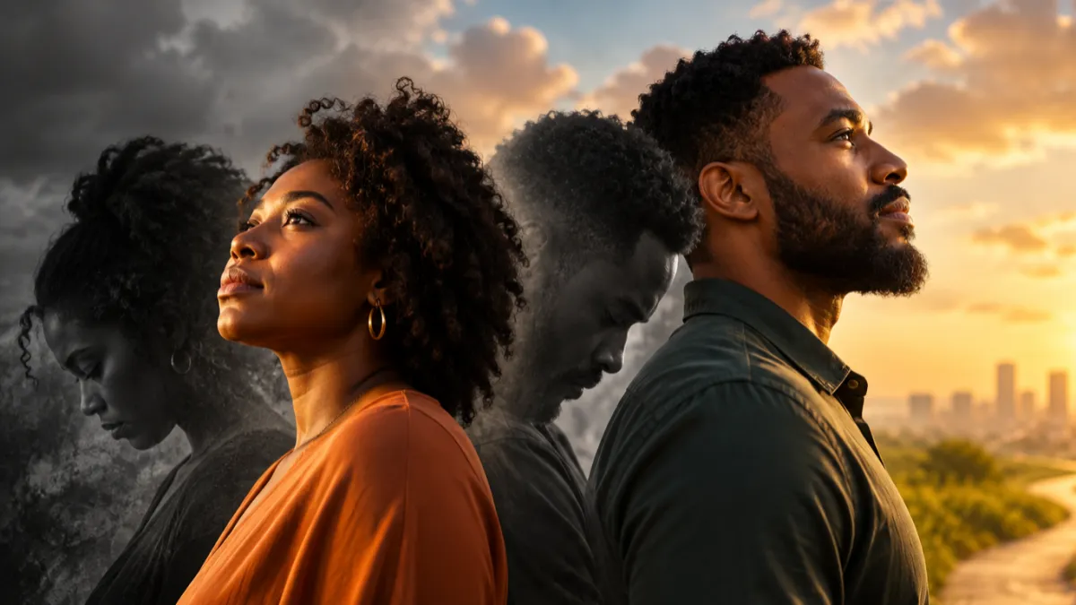 Afro-Caribbean woman and man looking towards the light, with shadowed versions of themselves behind them, symbolising identity, personal growth and becoming.