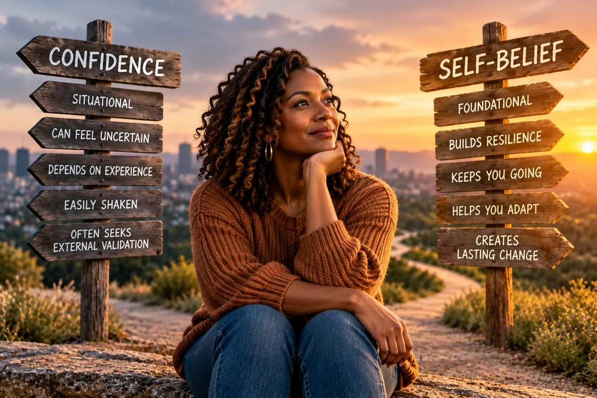 A woman reflects between two signposts contrasting situational confidence with foundational self-belief, illustrating how self-belief supports resilience and lasting change.