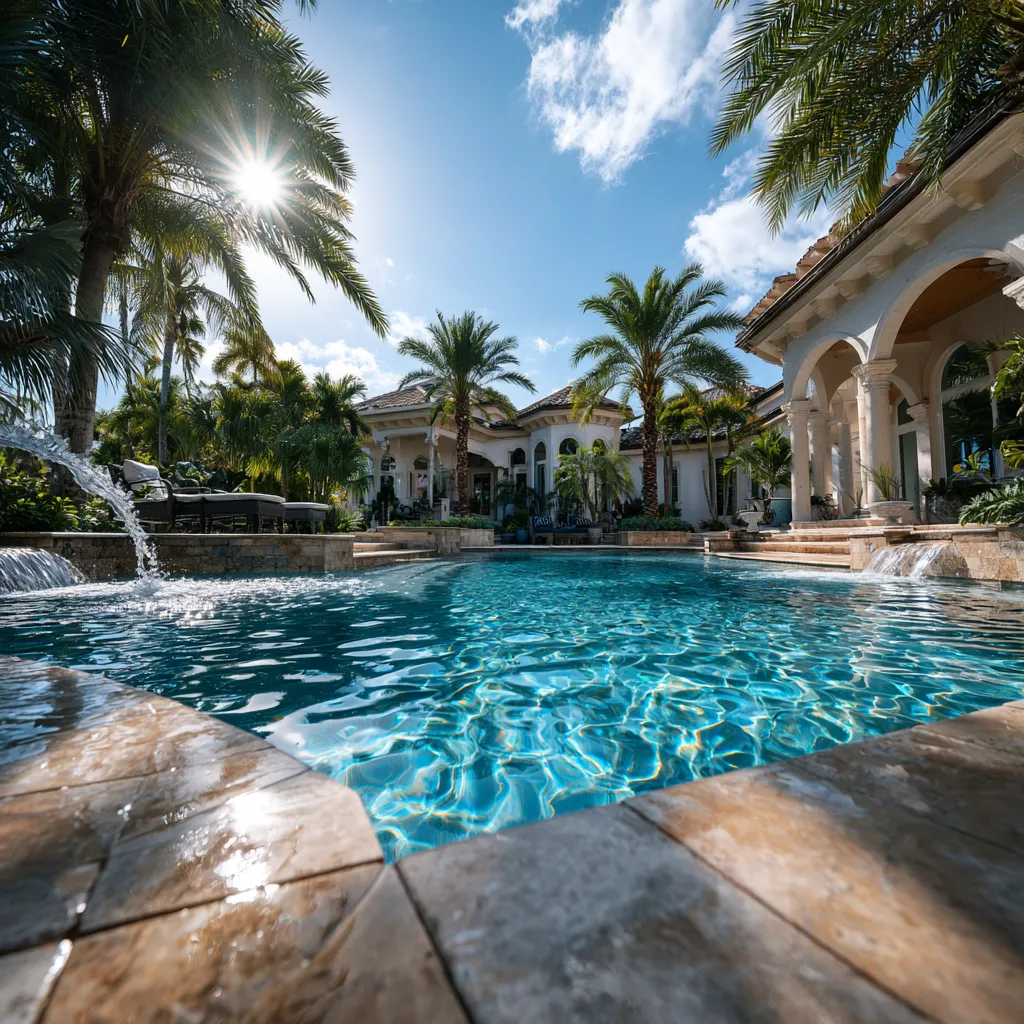 Freshly sealed paver pool deck in Tampa Bay with enhanced color and bright daylight