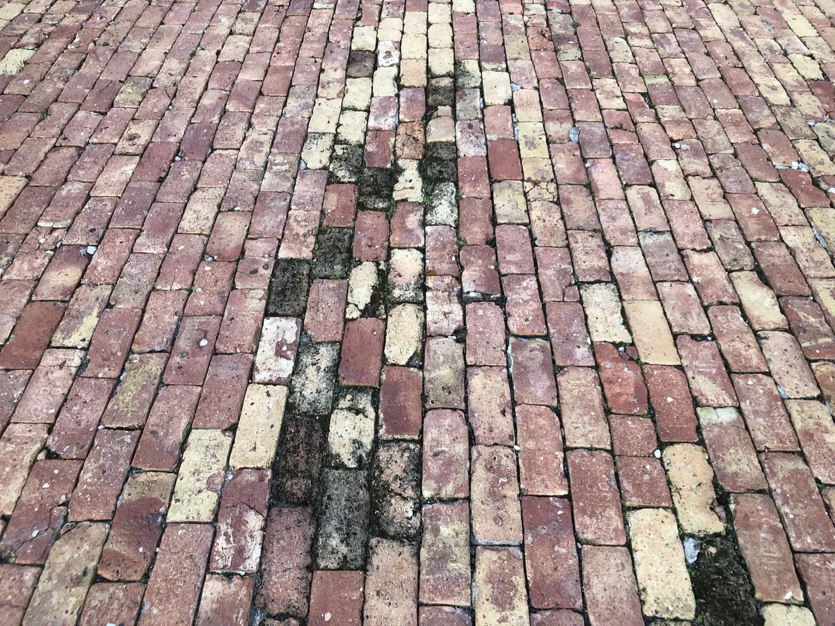 Brick paver surface with uneven joints and worn joint material