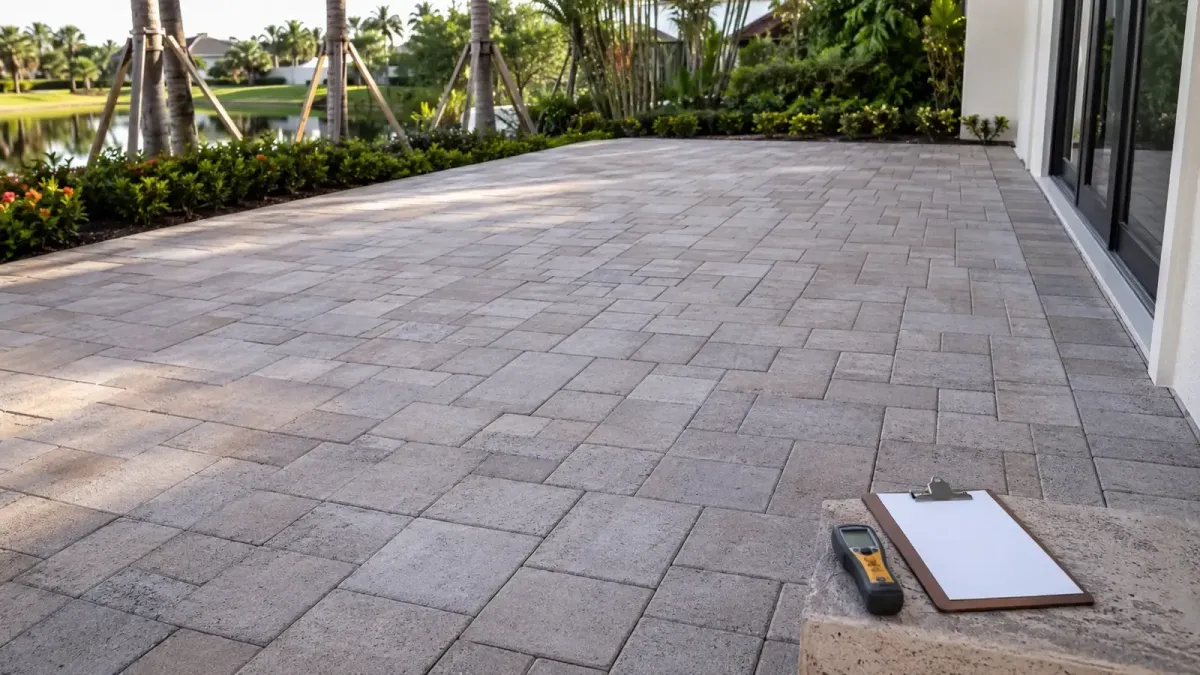 Newly installed unsealed Florida paver patio prepared for moisture, drainage and joint inspection.