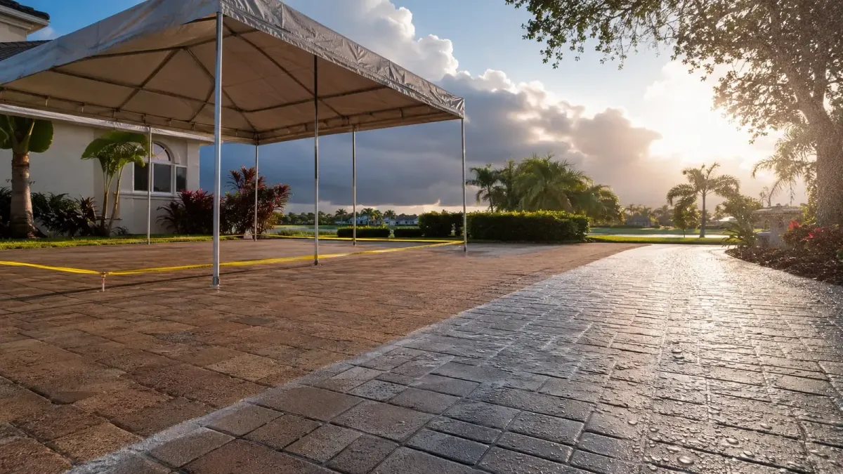 Freshly sealed Florida paver driveway protected during a changing rain and sun weather window.