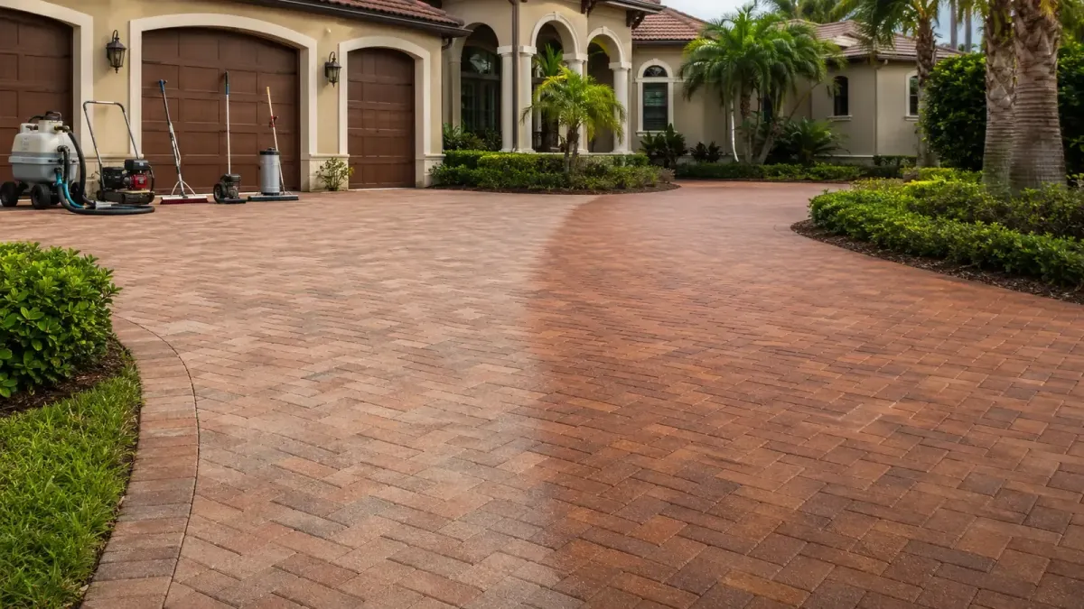 Florida brick paver driveway transitioning from faded to evenly restored and sealed.