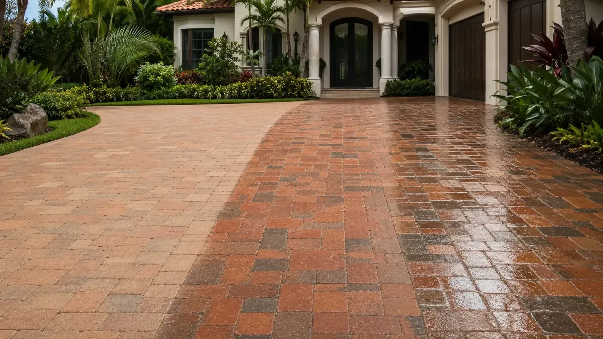 Florida driveway showing natural, color-enhanced wet-look and controlled high-gloss paver finishes.