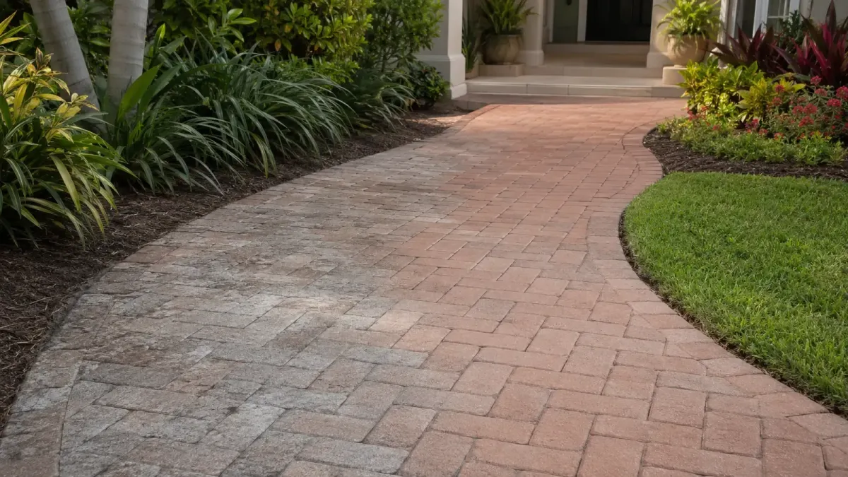 Florida paver walkway progressing from faded wear to a clean inspected and evenly resealed surface.