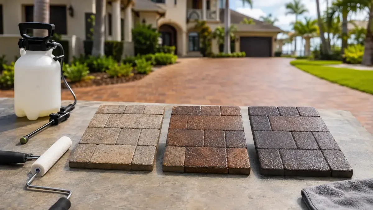 Unbranded paver samples and professional sealing tools comparing several coating systems.