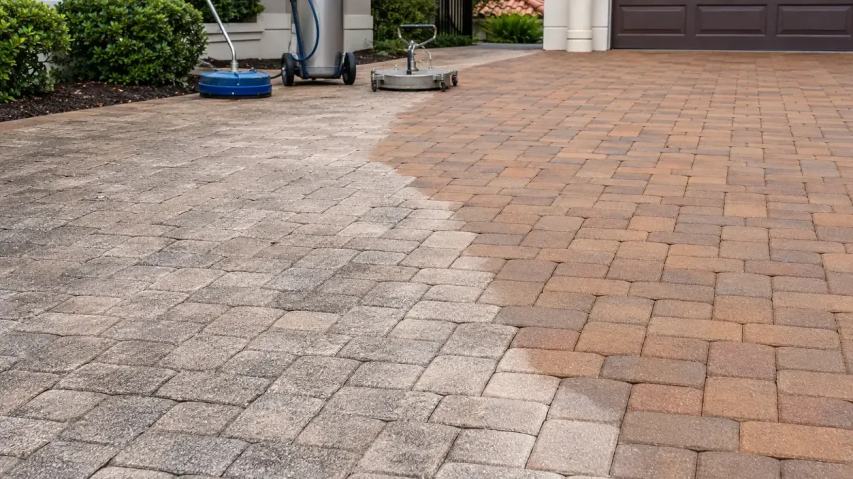 Florida paver driveway showing a cloudy worn coating beside a professionally restored section.