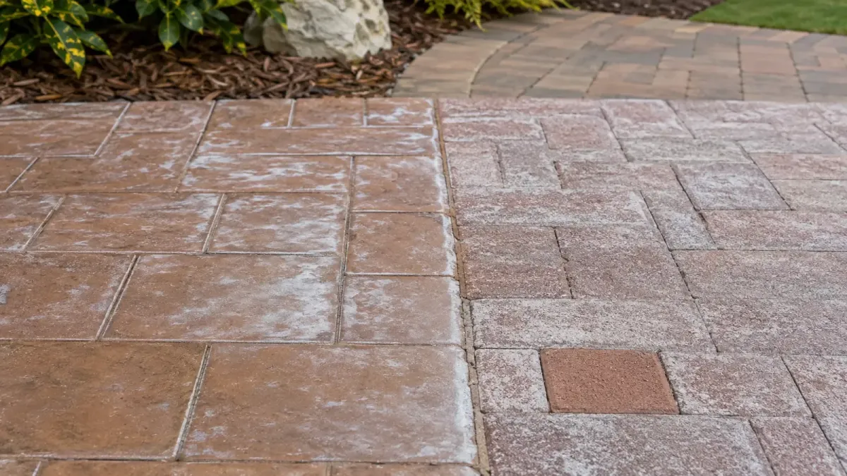 Brick pavers showing cloudy coating haze beside a dry crystalline efflorescence deposit.