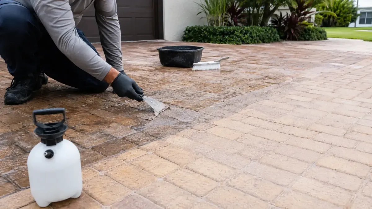 Professional test section showing failed paver coating removal beside a clean stripped surface.