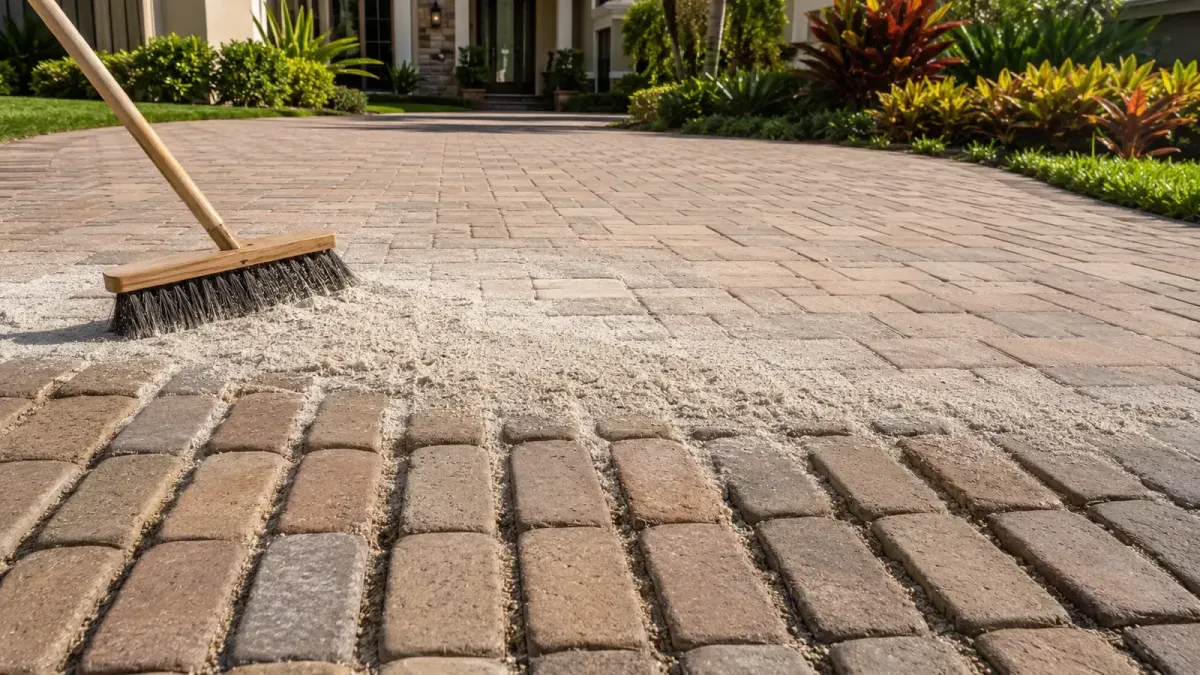 Florida paver walkway progressing from open cleaned joints to filled and stabilized joint sand.