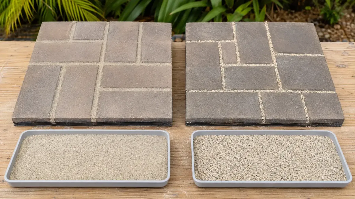 Paver sample panels comparing polymeric joint sand with fractured angular sand and stabilization.