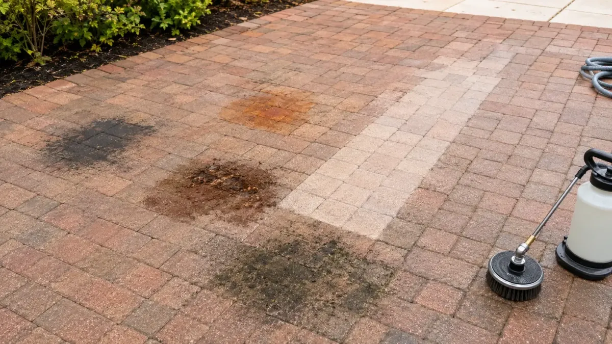 Florida paver driveway with realistic oil, irrigation rust and organic stains beside a cleaned test area.