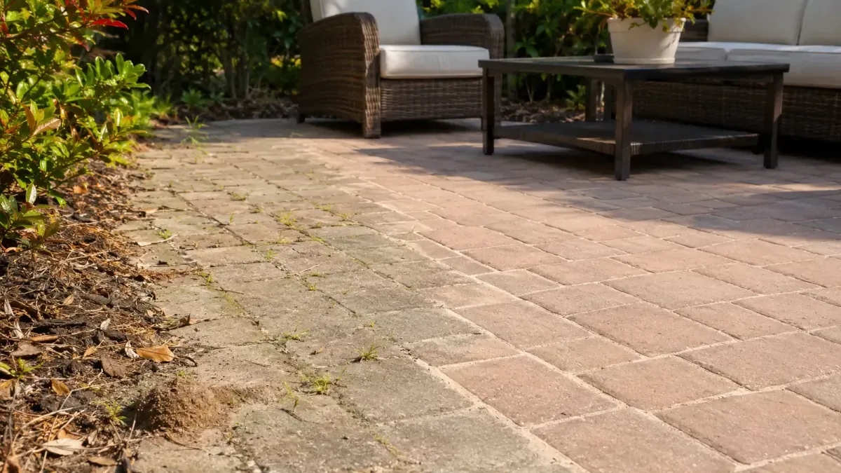 Neglected paver joints with limited weeds transitioning to clean densely stabilized joints.