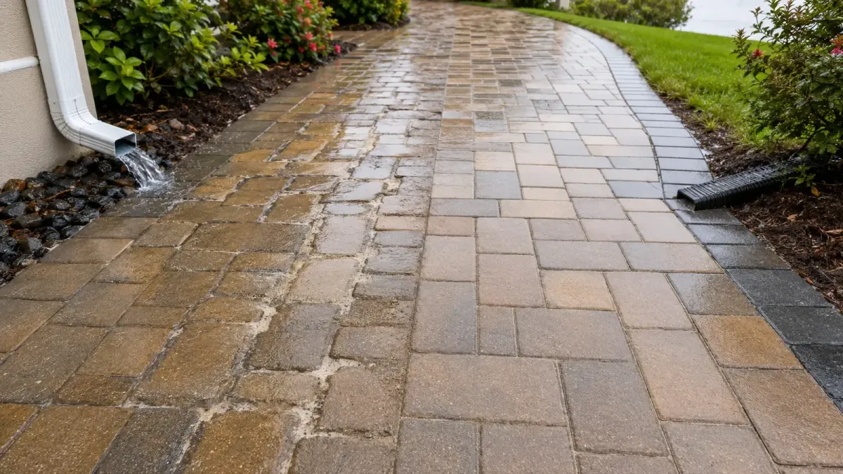 Florida walkway with washed-out joints near a downspout beside a corrected drainage and joint section.