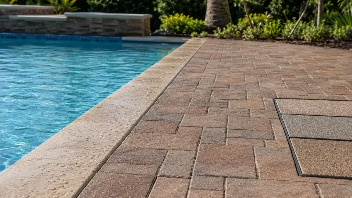 Textured sealed brick pavers with small water droplets beside a Florida swimming pool.