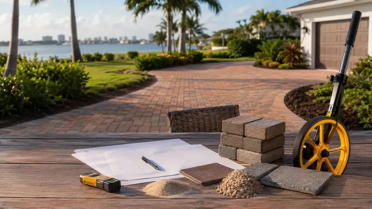 Paver sealing proposal, measurement tools and material samples overlooking a restored Tampa driveway.