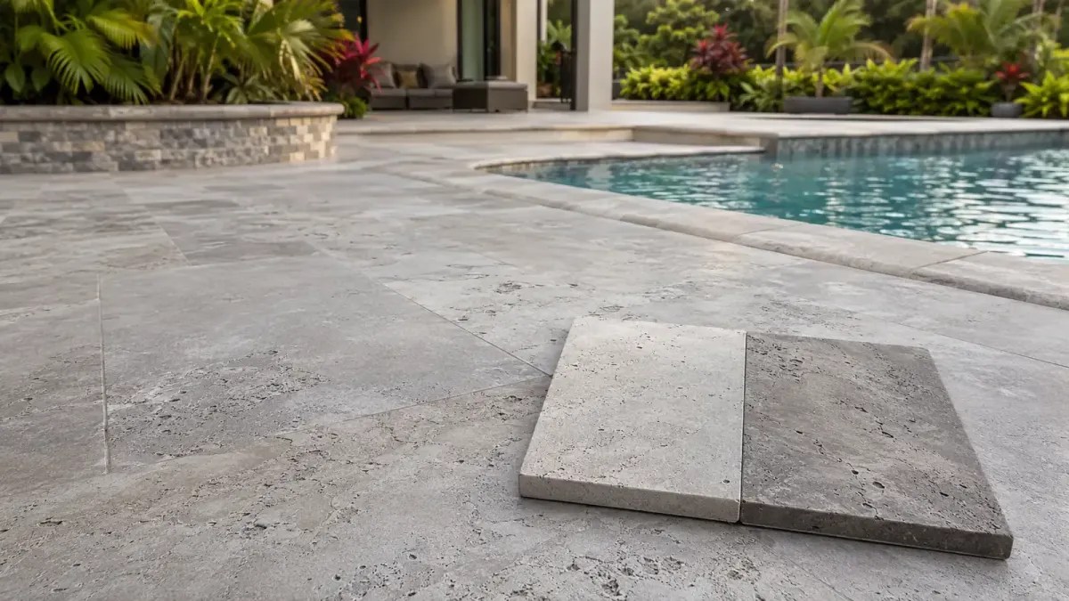 Silver travertine pool deck with natural tonal variation and a restrained color-enhancing sealer sample.