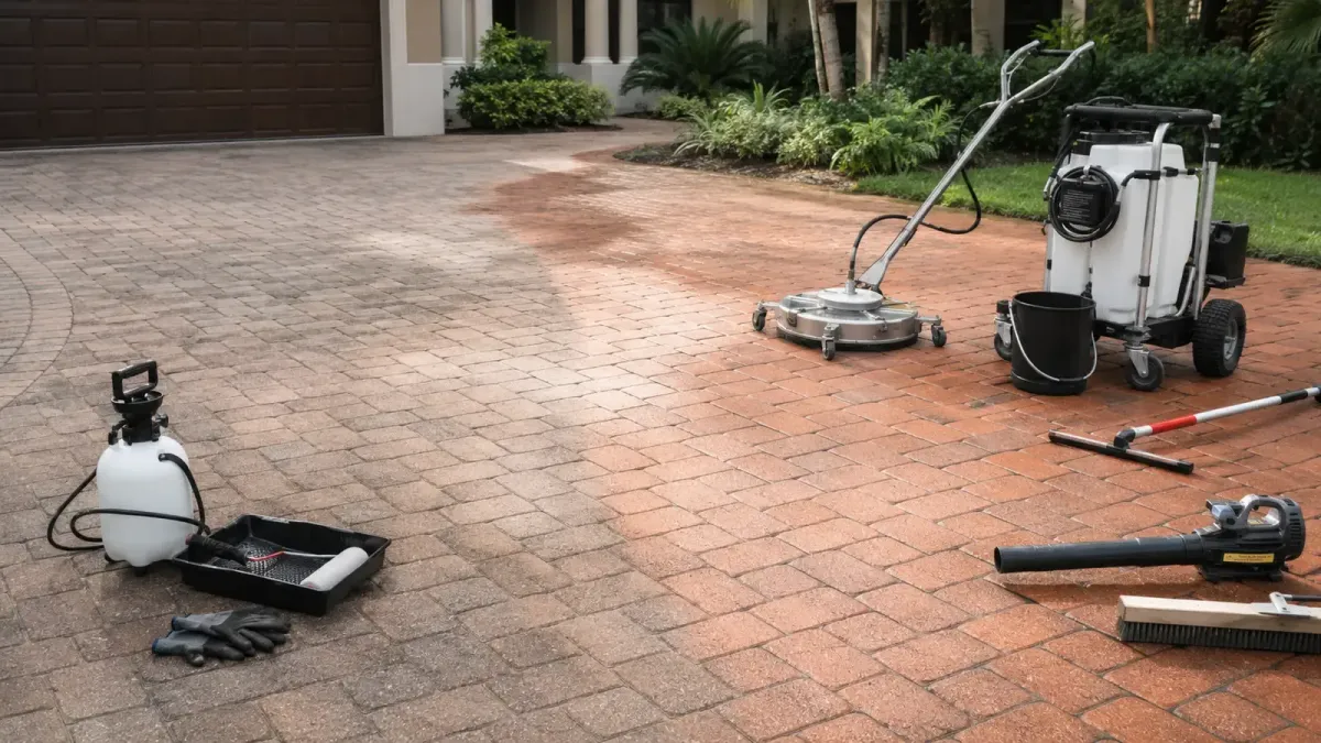 Florida driveway comparing a homeowner paver-sealing setup with organized professional restoration equipment.