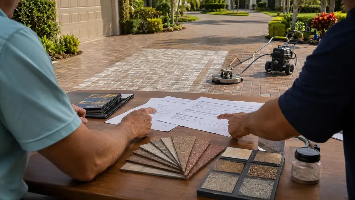 Florida homeowner and contractor reviewing a paver sealing scope, measurements and material samples.