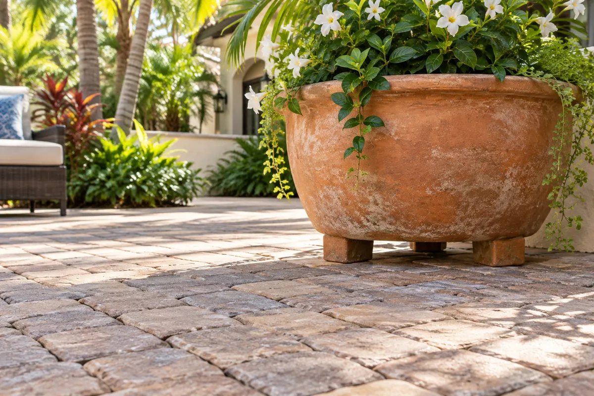 Planters on Pavers: Prevent Rings and Trapped Moisture — illustrative paver-care scene