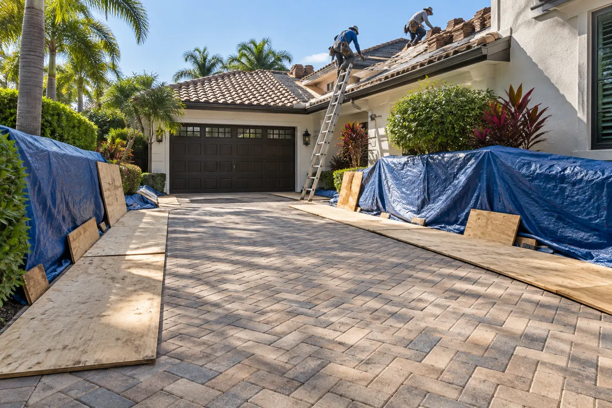 Roof Work and Pavers: Plan Protection Before Staging — illustrative paver-care scene