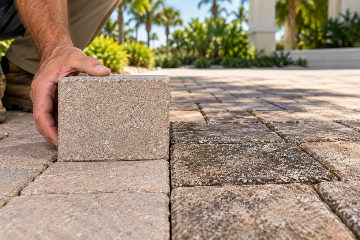 Replacement Pavers: How to Plan a Better Color Match — illustrative paver-care scene