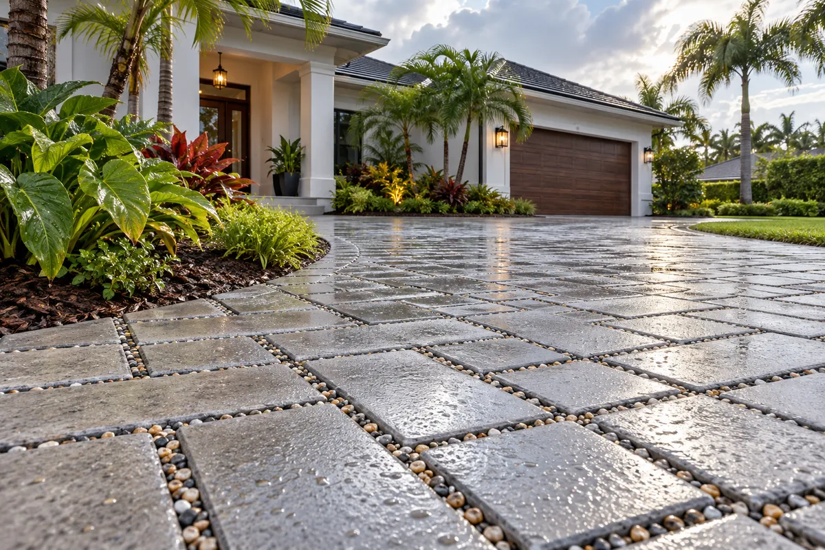 Permeable Pavers: Why Maintenance Must Keep Joints Open — illustrative paver-care scene