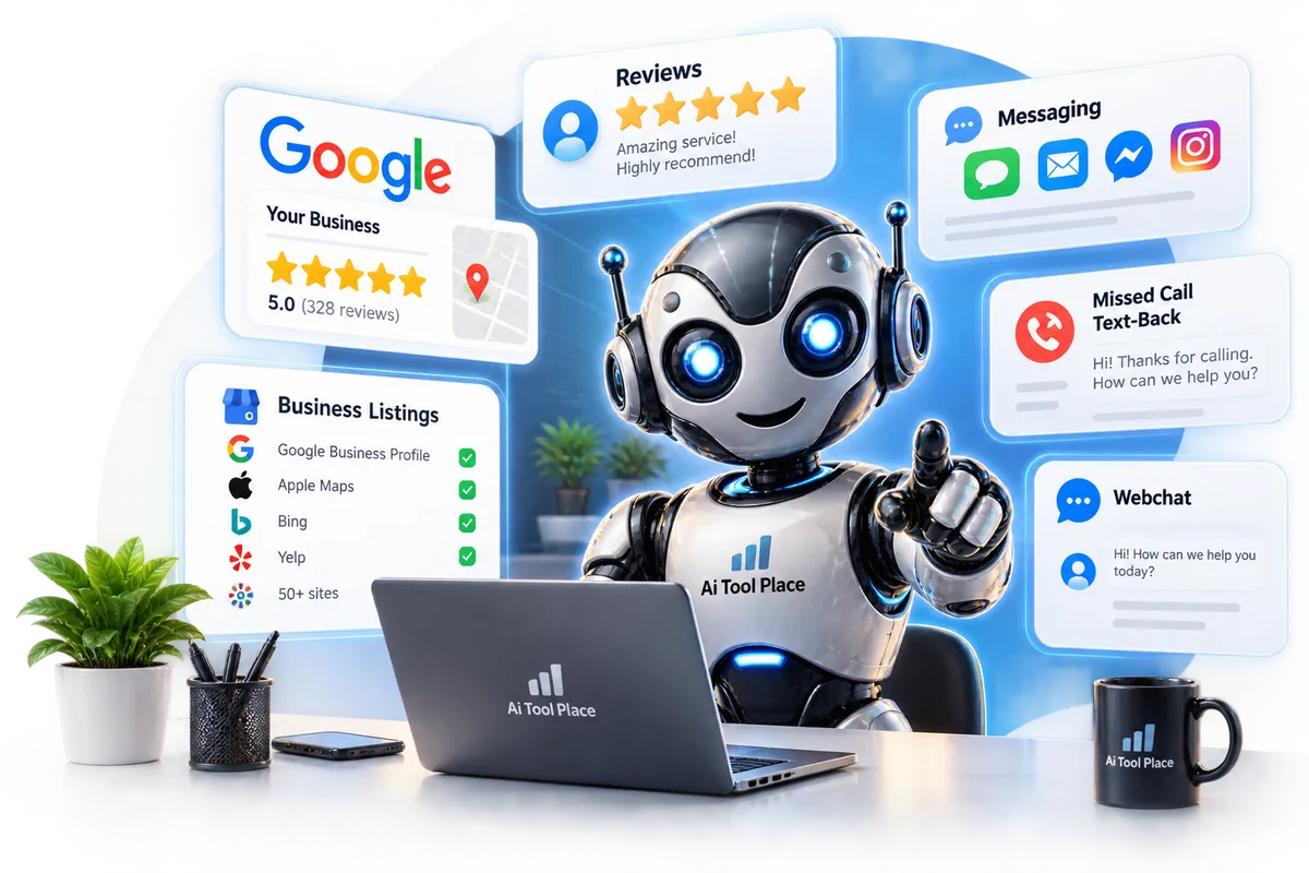 AI Tool Place reviews, business listings, messaging, webchat and missed-call automation