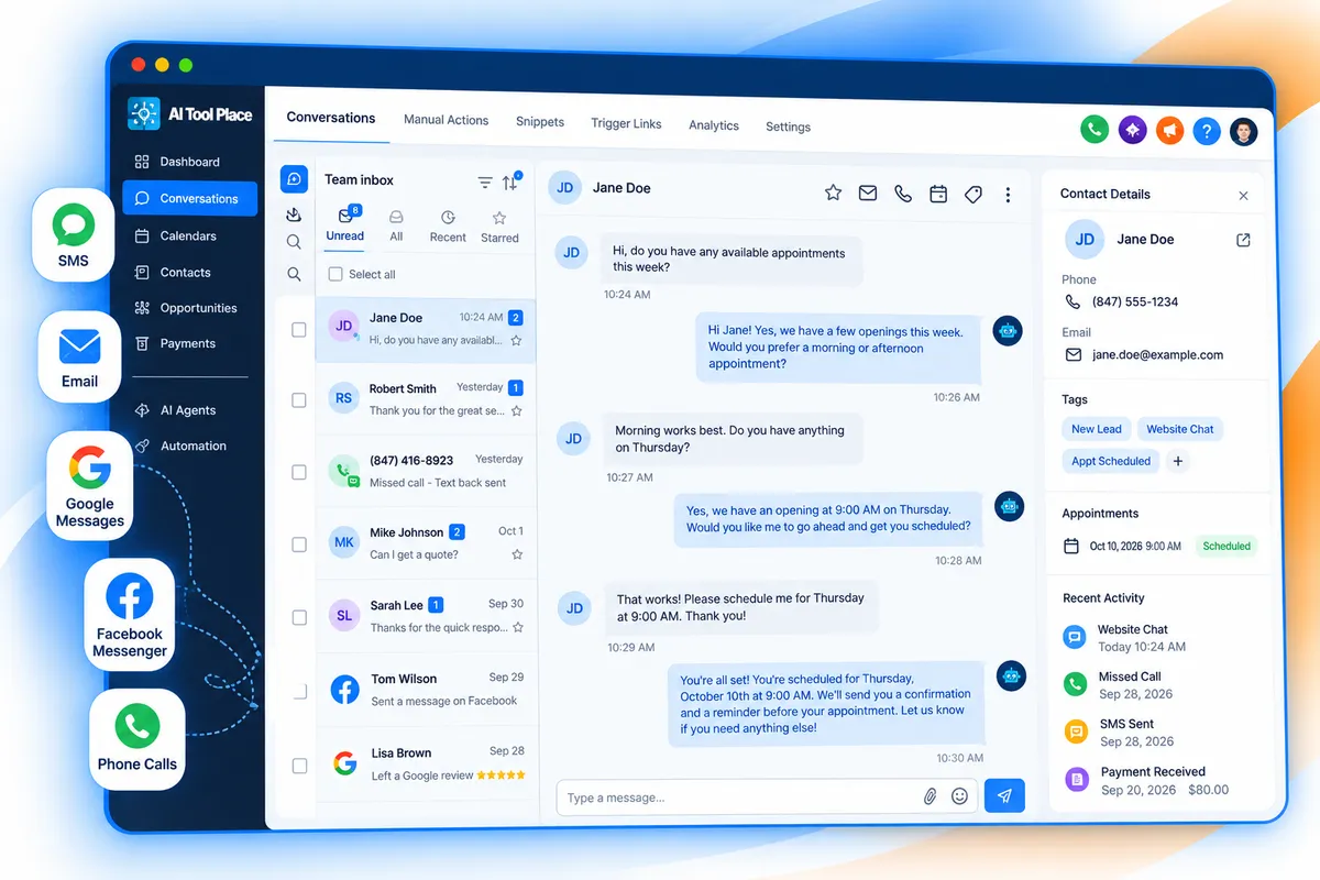 AI Tool Place customer messaging dashboard with SMS, email, Google, Facebook and missed-call conversations