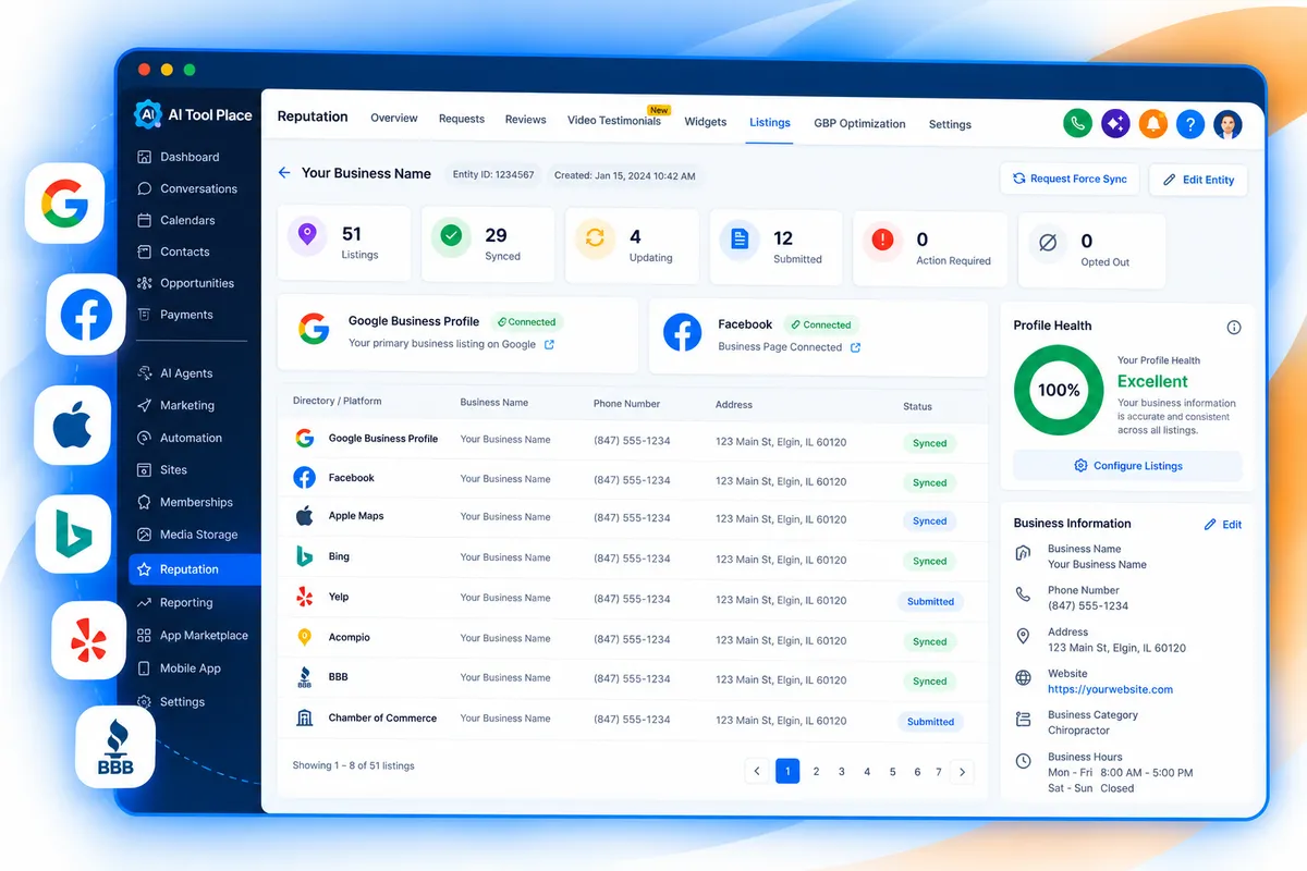 AI Tool Place business listings dashboard showing Google, Facebook, Apple Maps, Bing and local directory synchronization