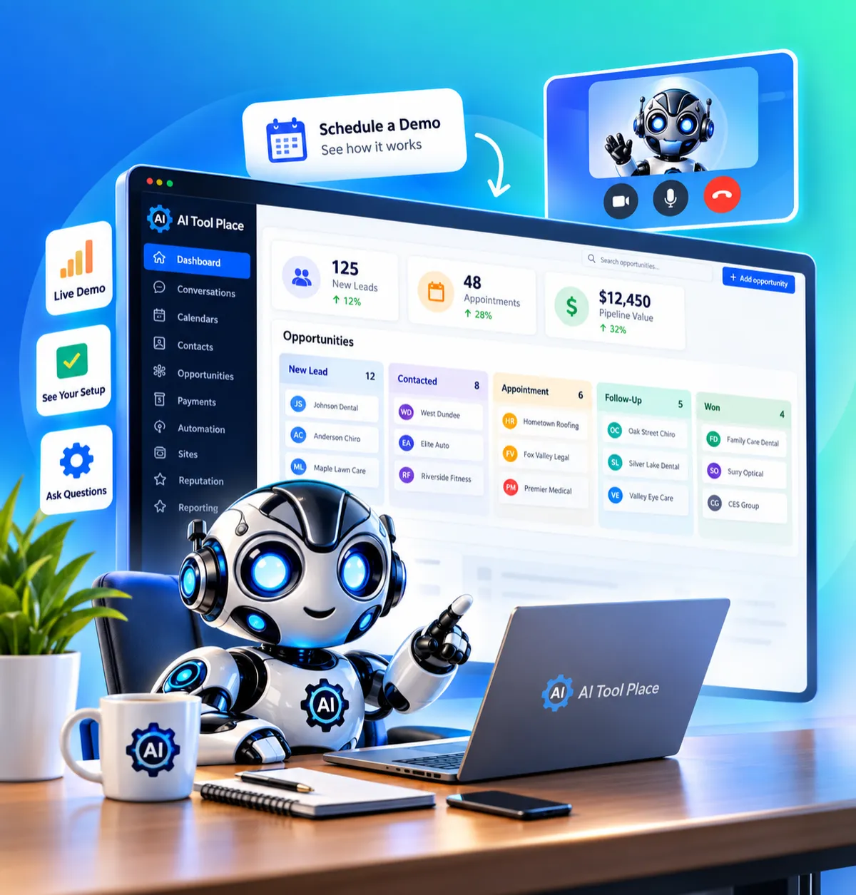 AI Tool Place demo showing CRM, customer conversations, appointments, opportunities and business automation