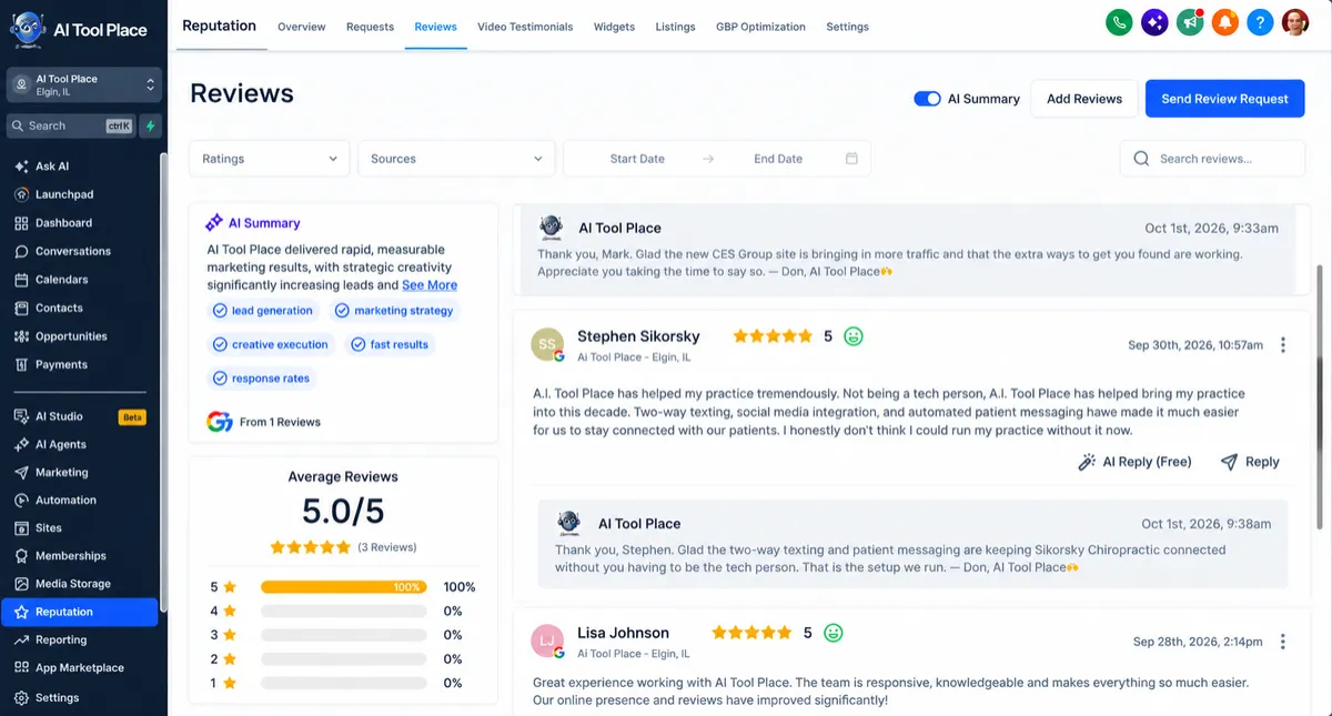AI Tool Place review dashboard showing customer reviews, AI summaries and AI-assisted review responses