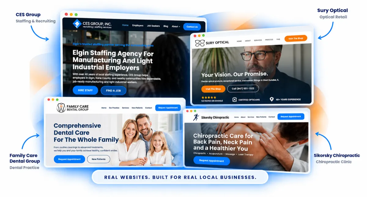 Examples of local business websites built by AI Tool Place for dental, optical, chiropractic and staffing businesses