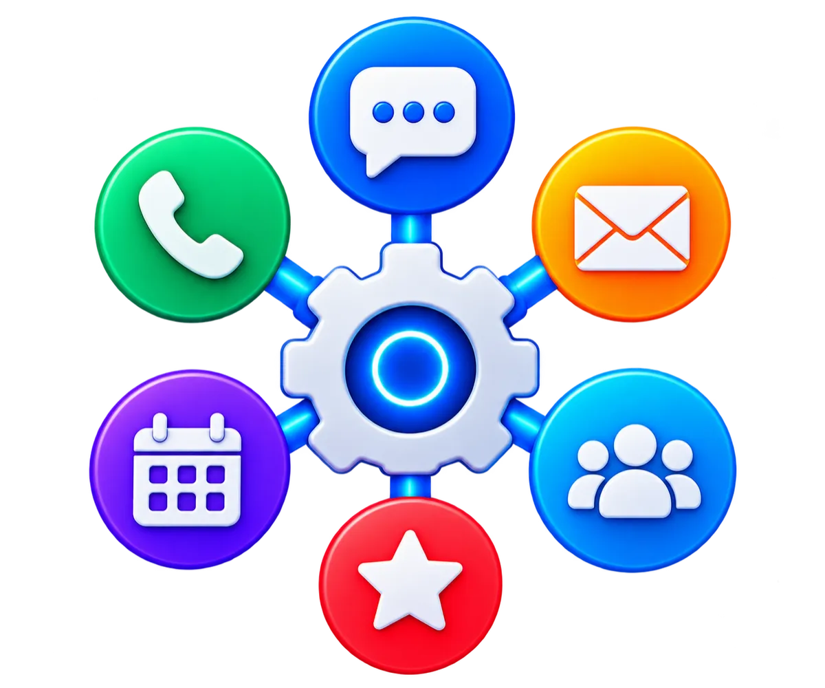 Connected to Your Tools: 3D connected tools icon representing website chat, messaging, forms and business automation