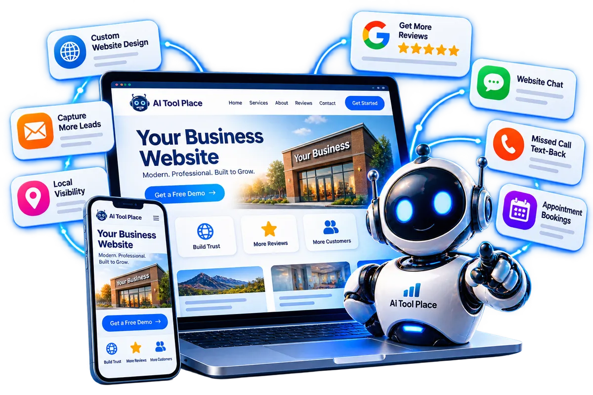 AI Tool Place business website connected to reviews, messaging, local visibility and customer automation tools