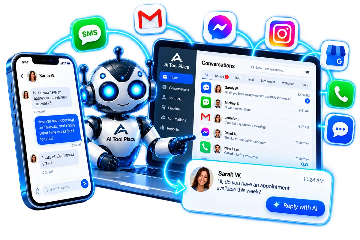 AI Tool Place unified inbox bringing text messages, website chat, email and customer conversations together in one place