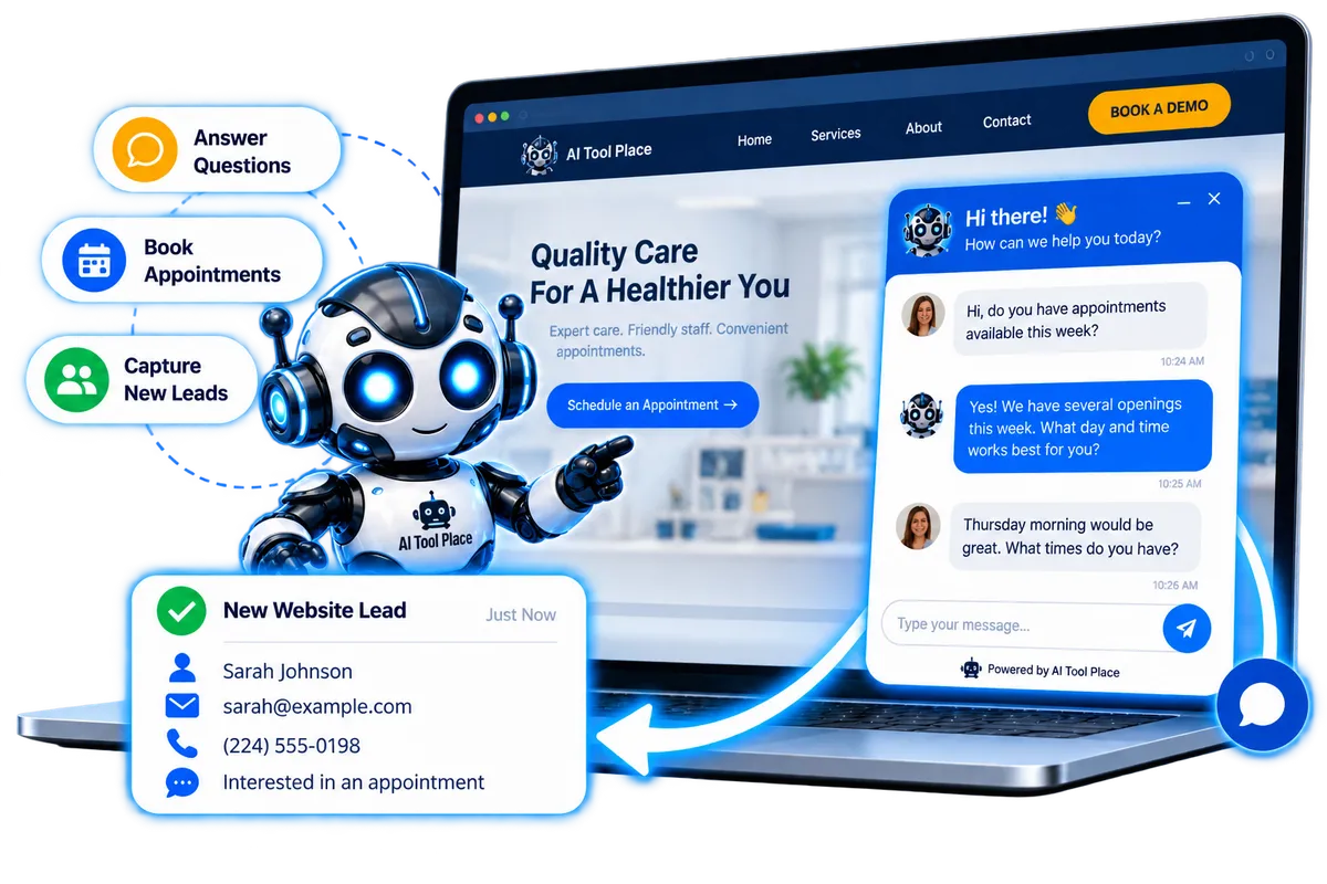 AI Tool Place website chat helping businesses answer questions, book appointments and capture new leads from website visitors