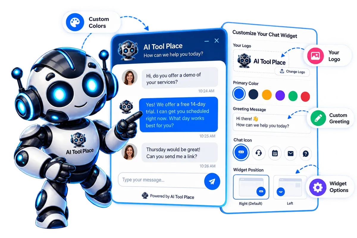 AI Tool Place customizable website chat widget showing custom colors, branding, greetings and chat options for local businesses
