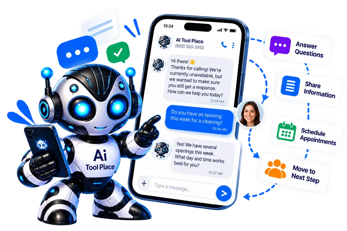 AI Tool Place AI follow-up assistant answering customer questions, sharing information, scheduling appointments, and moving leads to the next step.