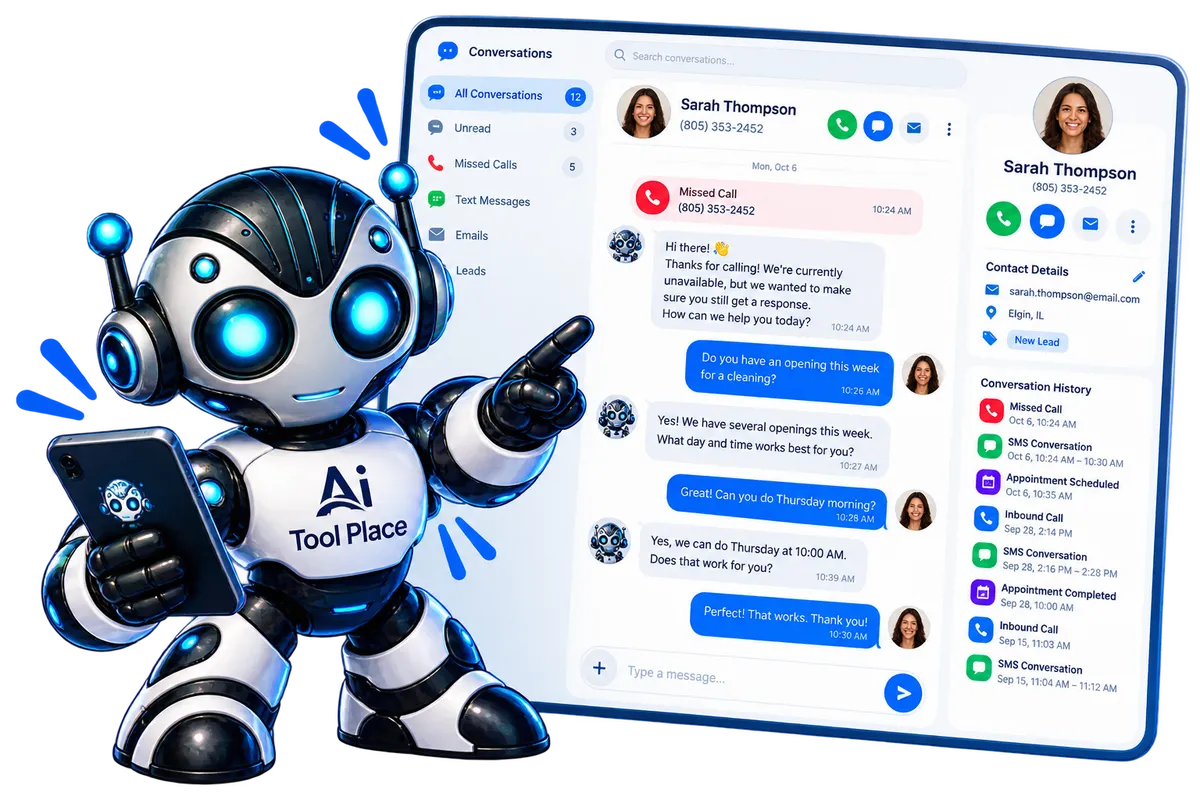AI Tool Place conversation history showing customer messages, missed calls, contact details, and previous interactions in one place.