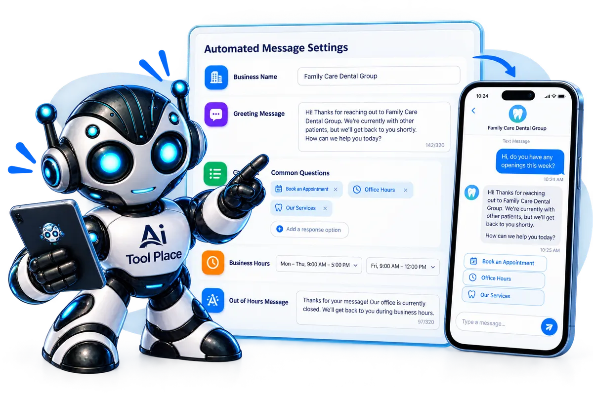 AI Tool Place automated message settings customized with business greetings, common questions, office hours, and customer text responses.