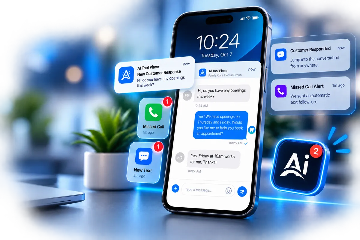 AI Tool Place mobile notifications showing customer text responses, missed-call alerts, and conversations your team can manage from anywhere.