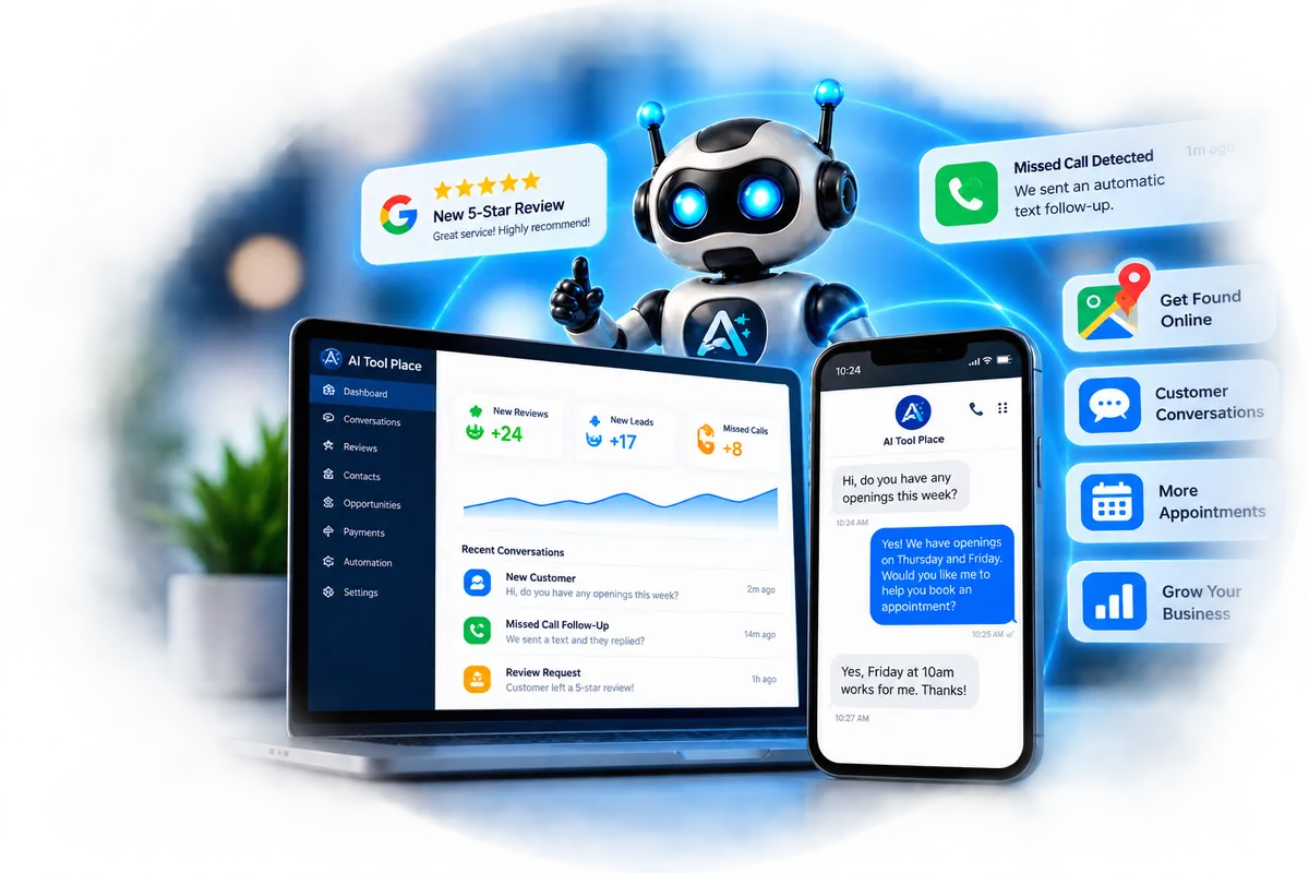 AI Tool Place platform showing customer reviews, missed-call text follow-up, business visibility, customer conversations, and appointment scheduling.