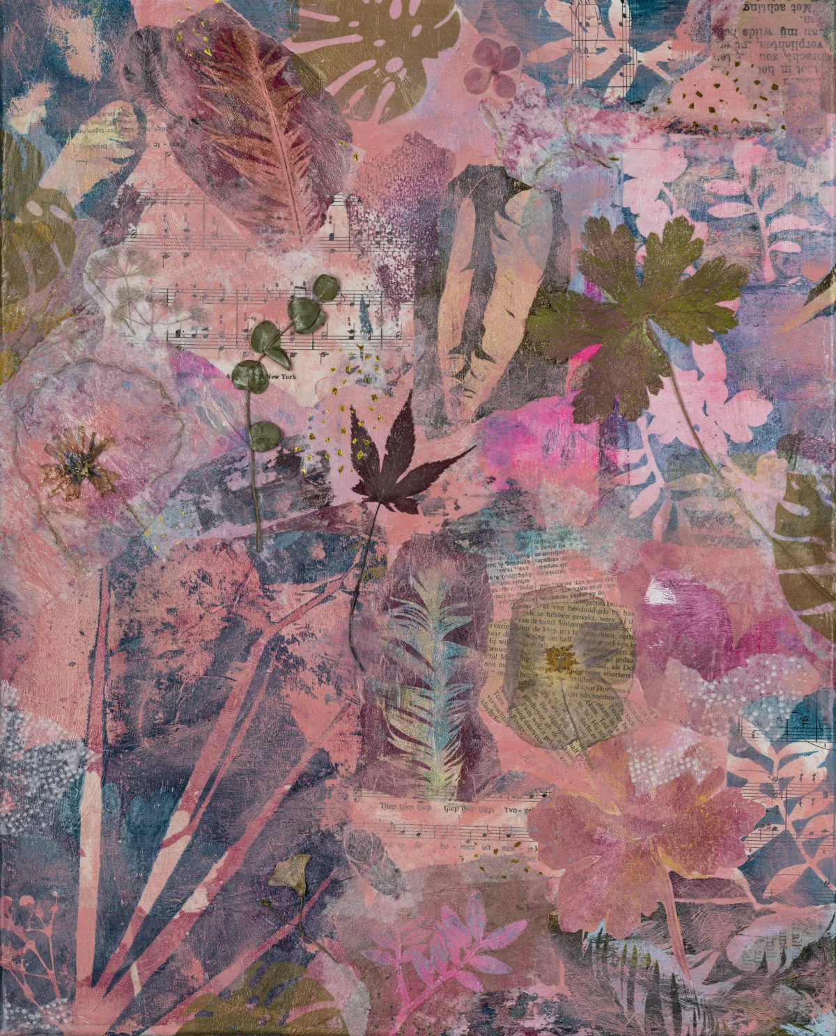 finished painting calles feathers from the natural flow collection in pink, blue and prple with collaged leaves and feathers