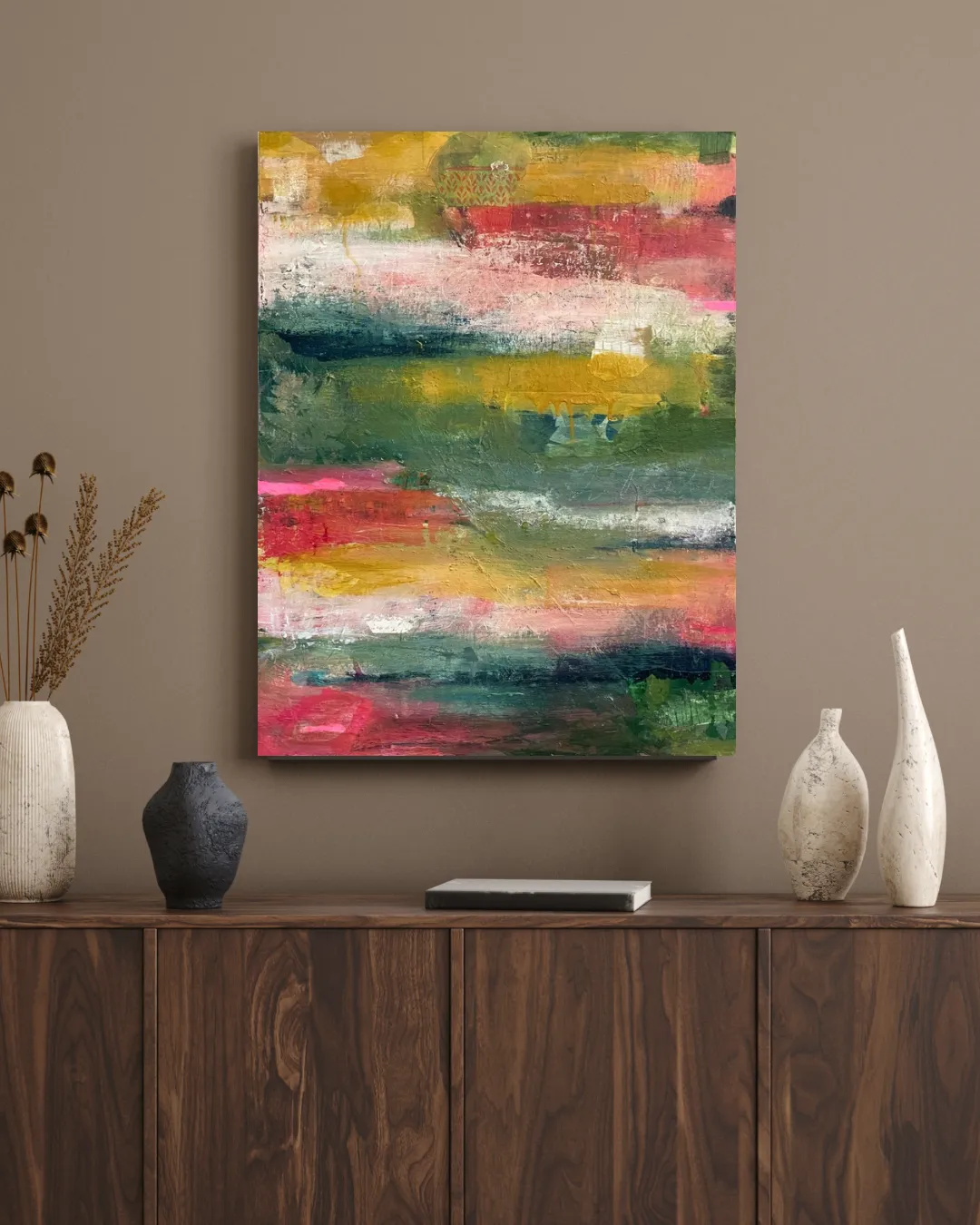 Abstracte composition with pink, ochre and green