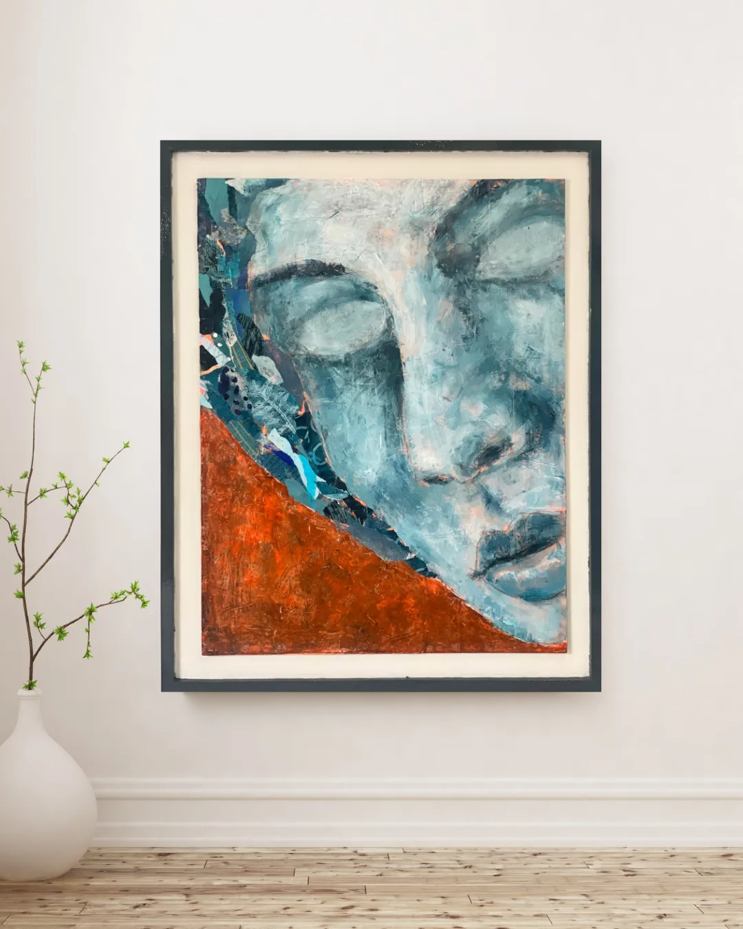 layered mixed-media piece from Anna, blue portrait with visible textures