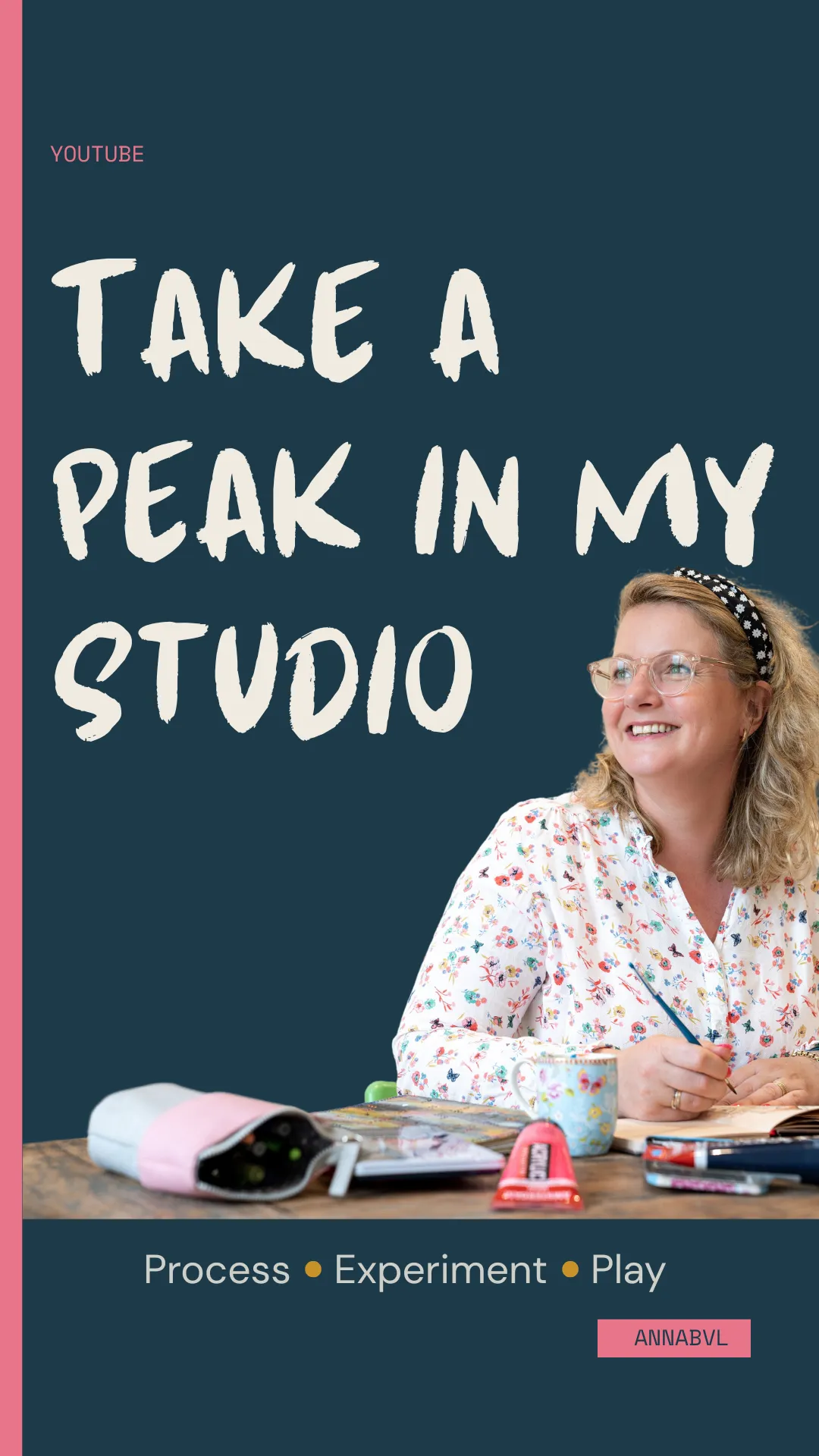 anna at art table n het studio inviting ou for a peak in het studio with prussian blue backround