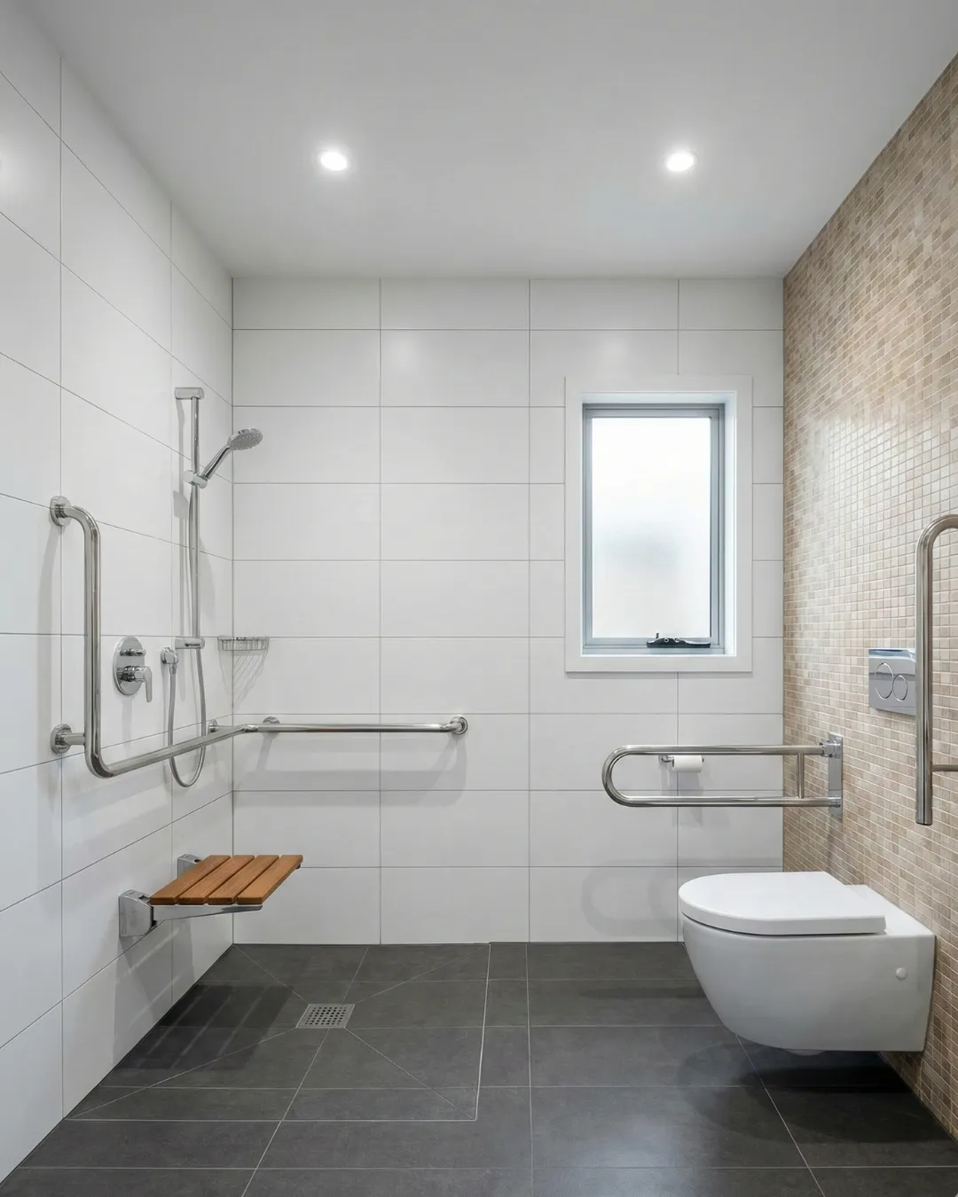 Generate an AI image of a modern accessible bathroom. Step-free shower with a slim frameless glass screen. Grab rails in a brushed metal finish that look architectural, not medical. Neutral stone-look tiles. Warm lighting. Premium residential feel, not institutional.